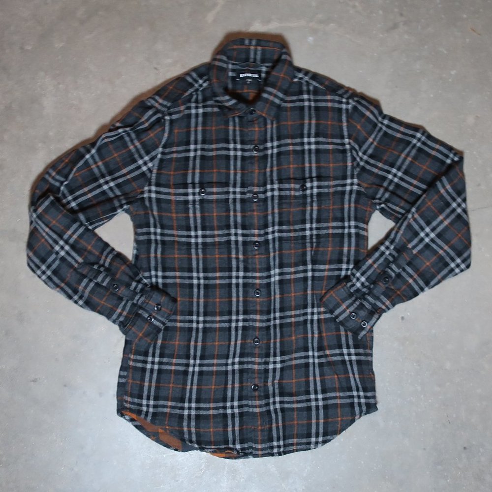 Express. Men's Small. Flannel. Grey w/ Orange & White.